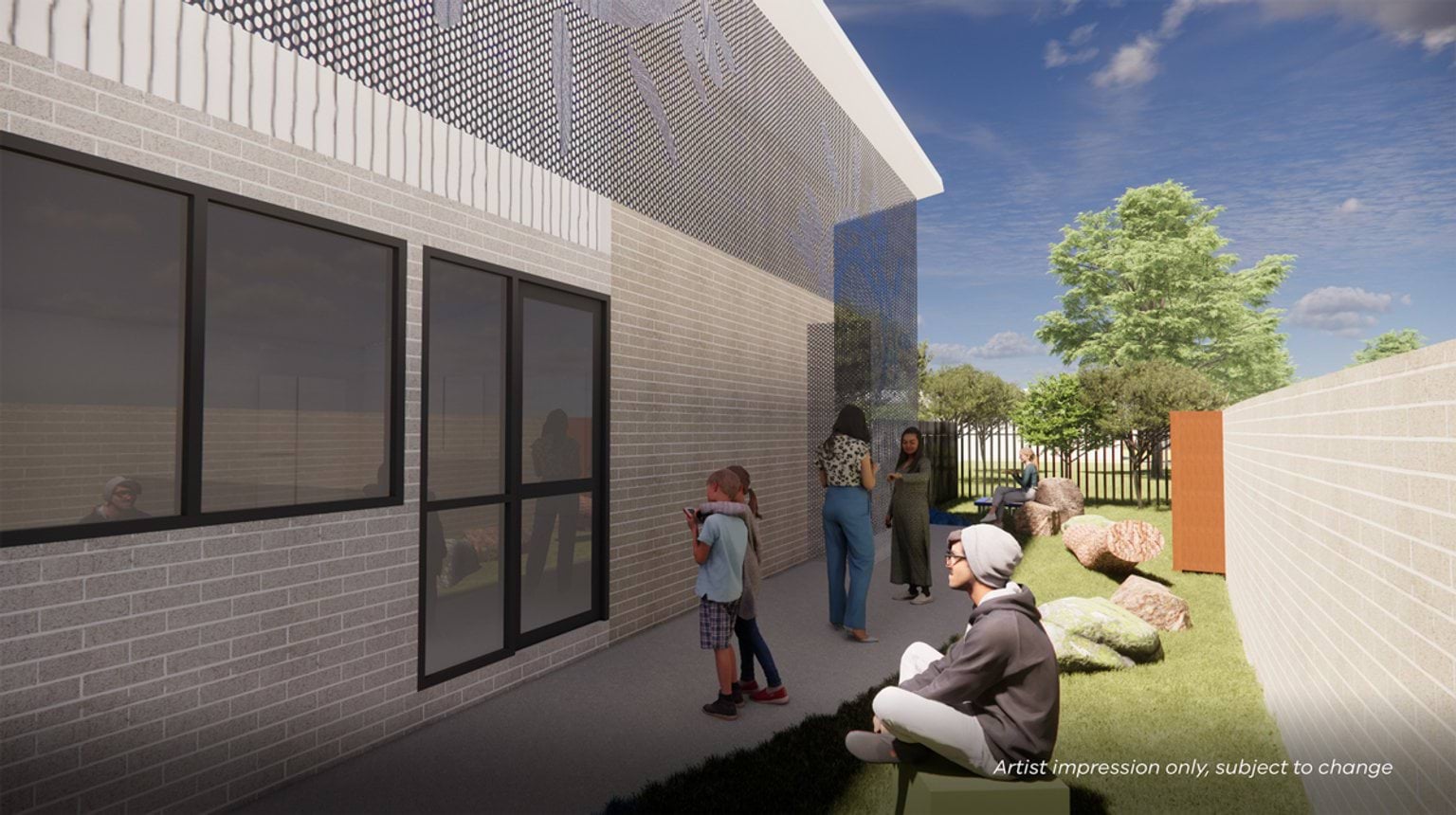 Artist impression of a sheltered outdoor space beside the school building with patterned cladding, garden rocks, grassed areas, and people interacting along the walkway.