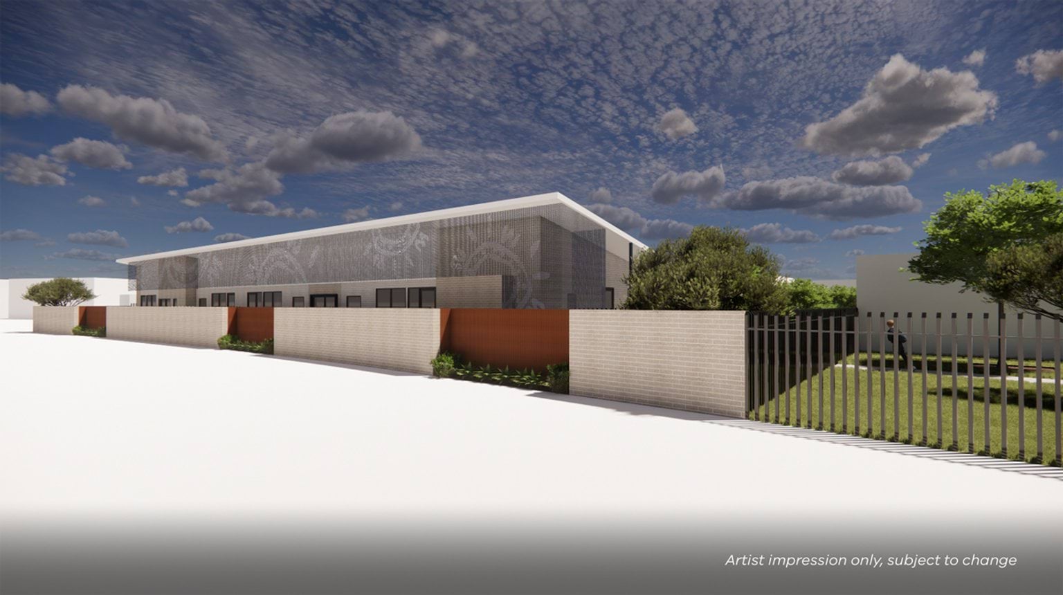 Artist impression of the school exterior featuring a patterned cladding design, brick boundary walls, and landscaped planting, set against a bright sky.
