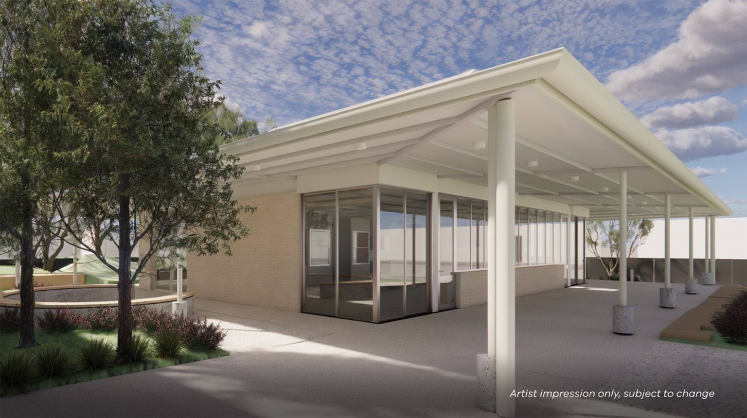 A rendered view of a modern school building with a wide covered walkway, glass walls, and landscaped garden beds.