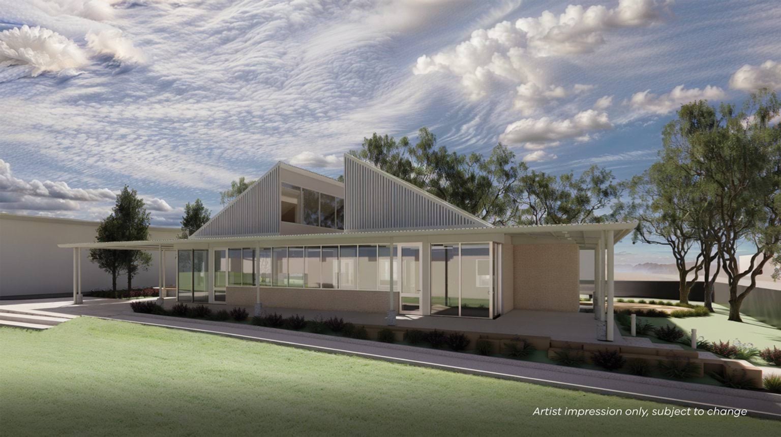 An exterior render of a school building with pitched roof sections, large windows, and surrounding gardens under a cloudy sky.