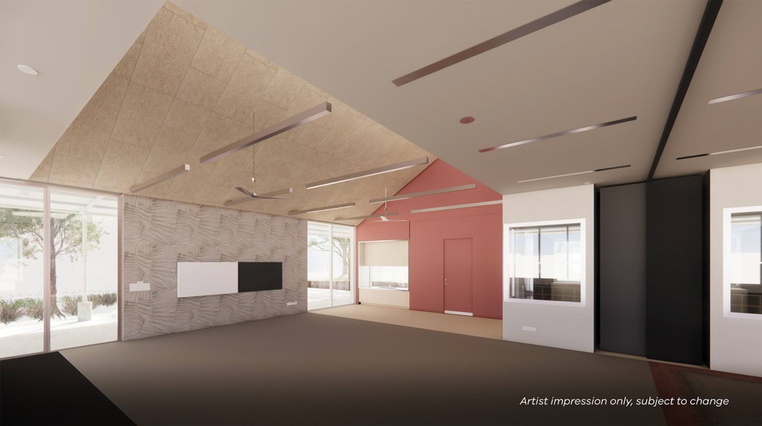 A shared learning area with angled ceilings, large windows, and a mix of feature wall textures and colours.