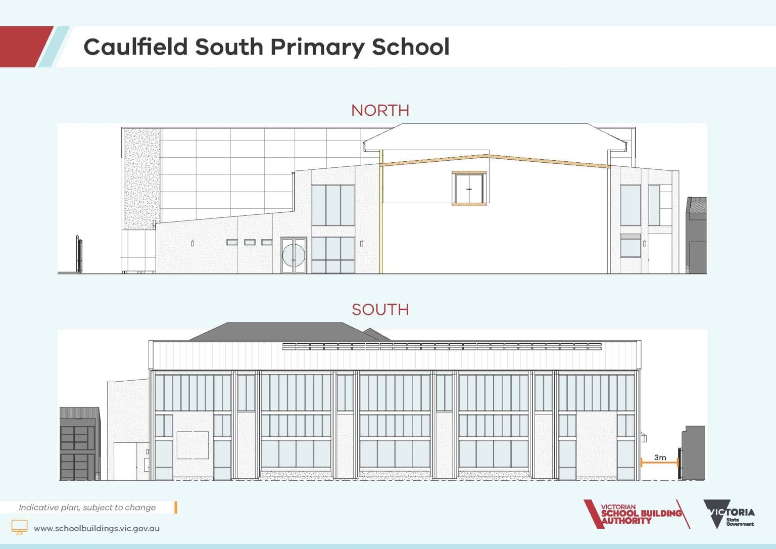 Architectural elevations of Caulfield South Primary School showing the north façade with varied rooflines, glazing, and textured wall panels, and the south façade featuring tall vertical windows and a flat roof.
