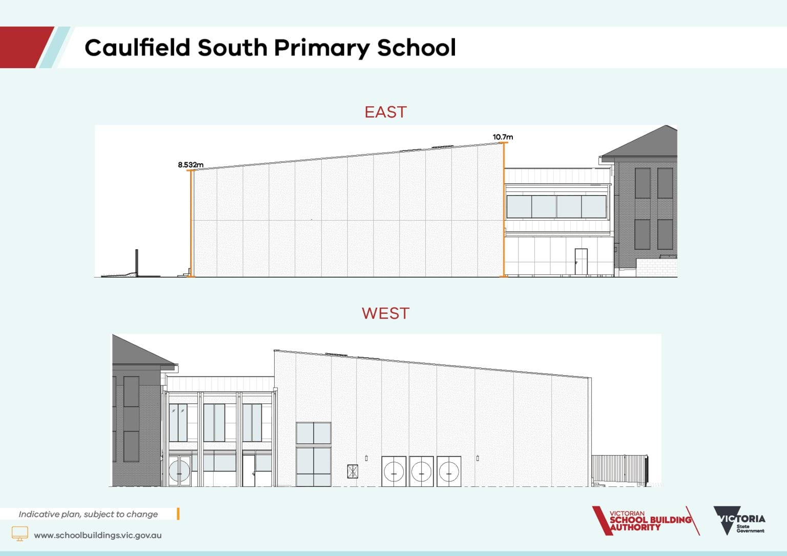 Architectural elevations of Caulfield South Primary School showing the east façade with a long sloping roof and minimal openings, and the west façade with a mix of windows, doors, and service elements.
