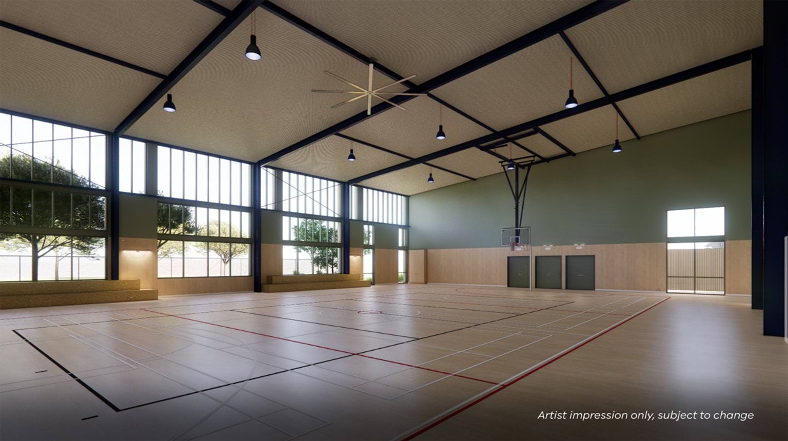 Artist impression of gym with high ceilings, large windows, timber flooring, and a basketball hoop, filled with natural light and surrounding trees visible outside