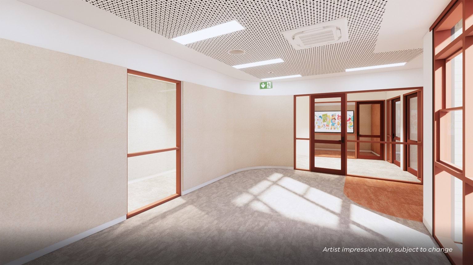 An artist’s impression of a light‑filled corridor with windows, doors to adjoining rooms, and an illuminated exit sign.