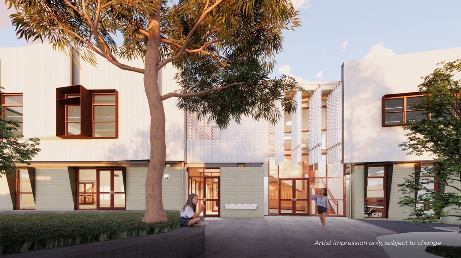 An artist’s impression of a school courtyard with large trees, seating areas, and a two‑storey building with patterned screens and open windows.
