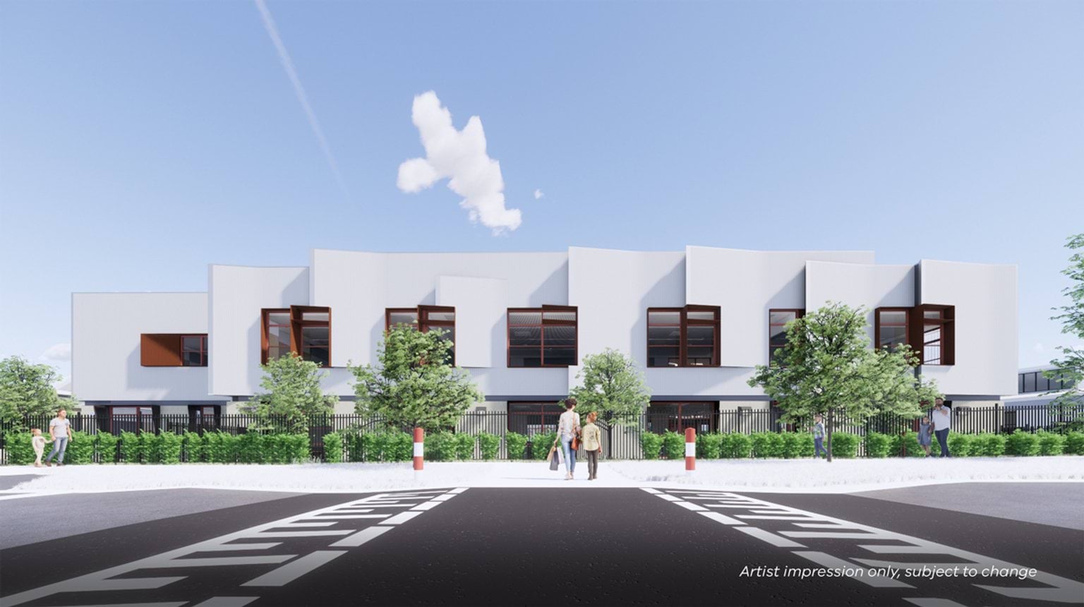 An artist’s impression of a two‑storey school building viewed from a pedestrian crossing, with trees and garden beds along the fence.