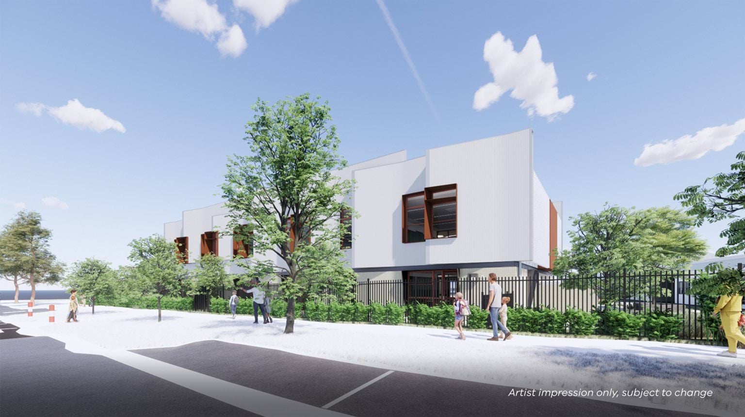 An artist’s impression of a two‑storey school building viewed from the street, with people walking along the footpath and trees lining the fence.