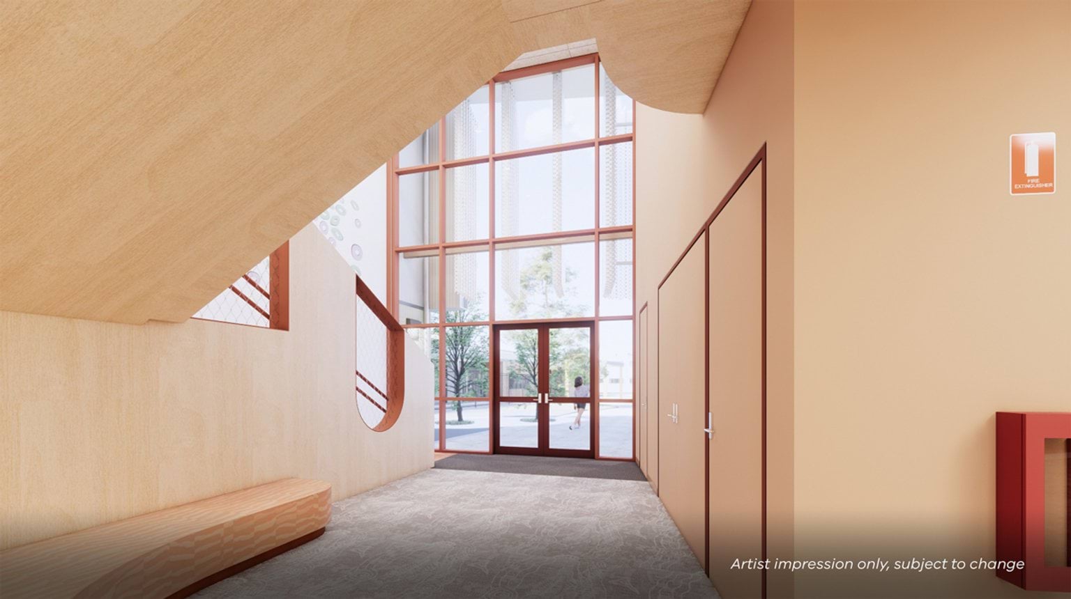 An artist’s impression of a school entry interior with high ceilings, timber finishes, large windows, and a view to the outdoors.