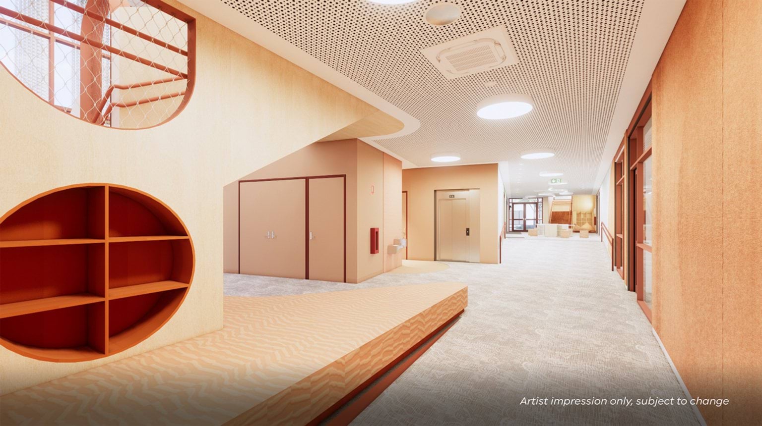 An artist’s impression of a corridor with timber shelving, seating, and doorways to nearby rooms.
