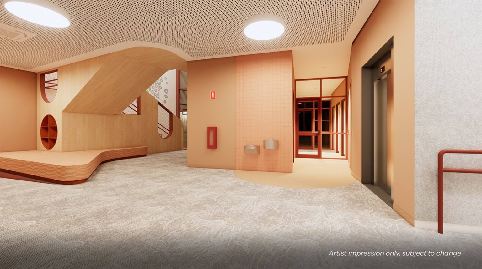 An artist’s impression of a school foyer with timber seating, a staircase, an elevator, and soft lighting.