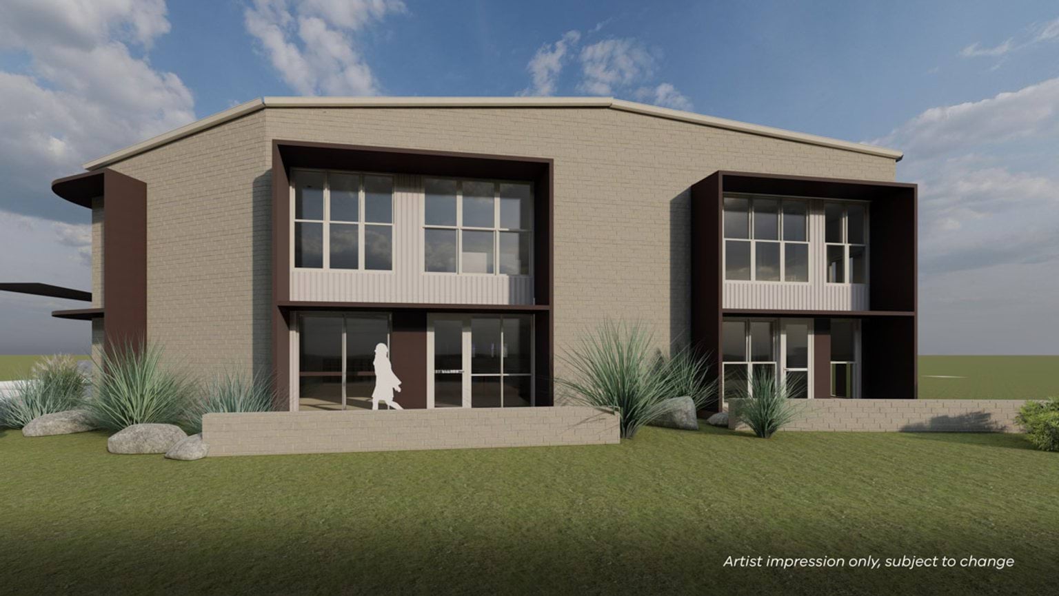 An artist’s impression of the rear of a two‑storey school building featuring two recessed window bays and surrounding grassed landscaping.