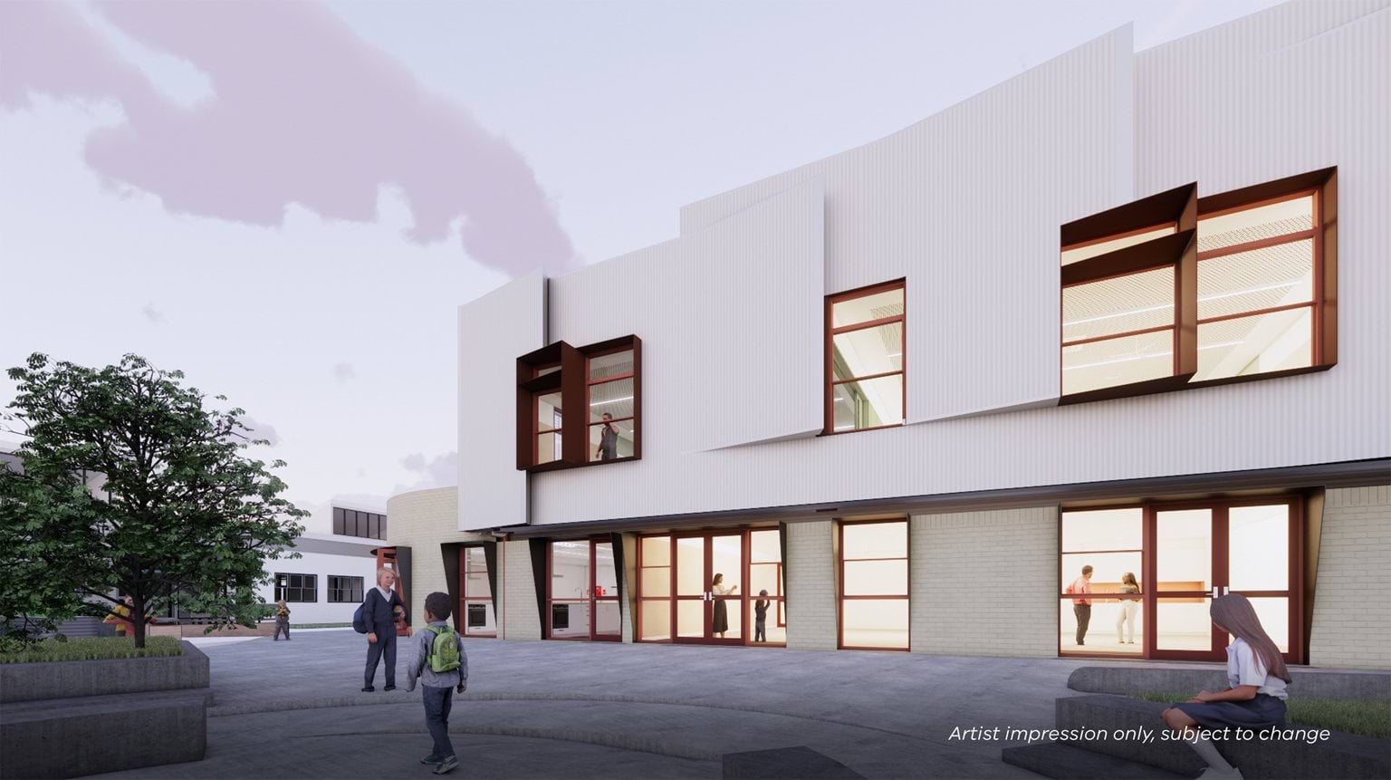 An artist’s impression of a two‑storey school building with outdoor walkways and people moving through the courtyard.