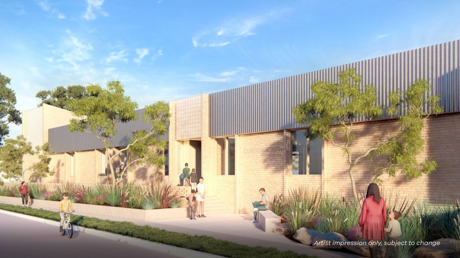 An artist’s impression of a single‑storey school building with brick walls, vertical cladding, landscaped planting, and people walking along the footpath.