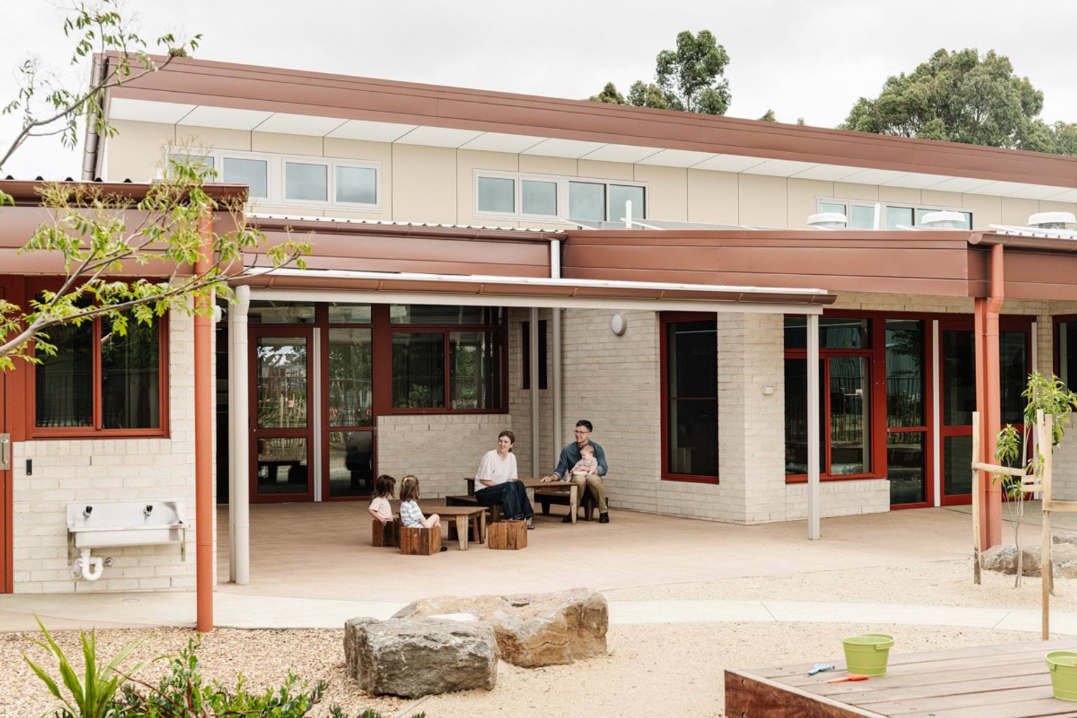A group seated at small timber tables in a covered outdoor learning space beside a brick and cream‑coloured school building.