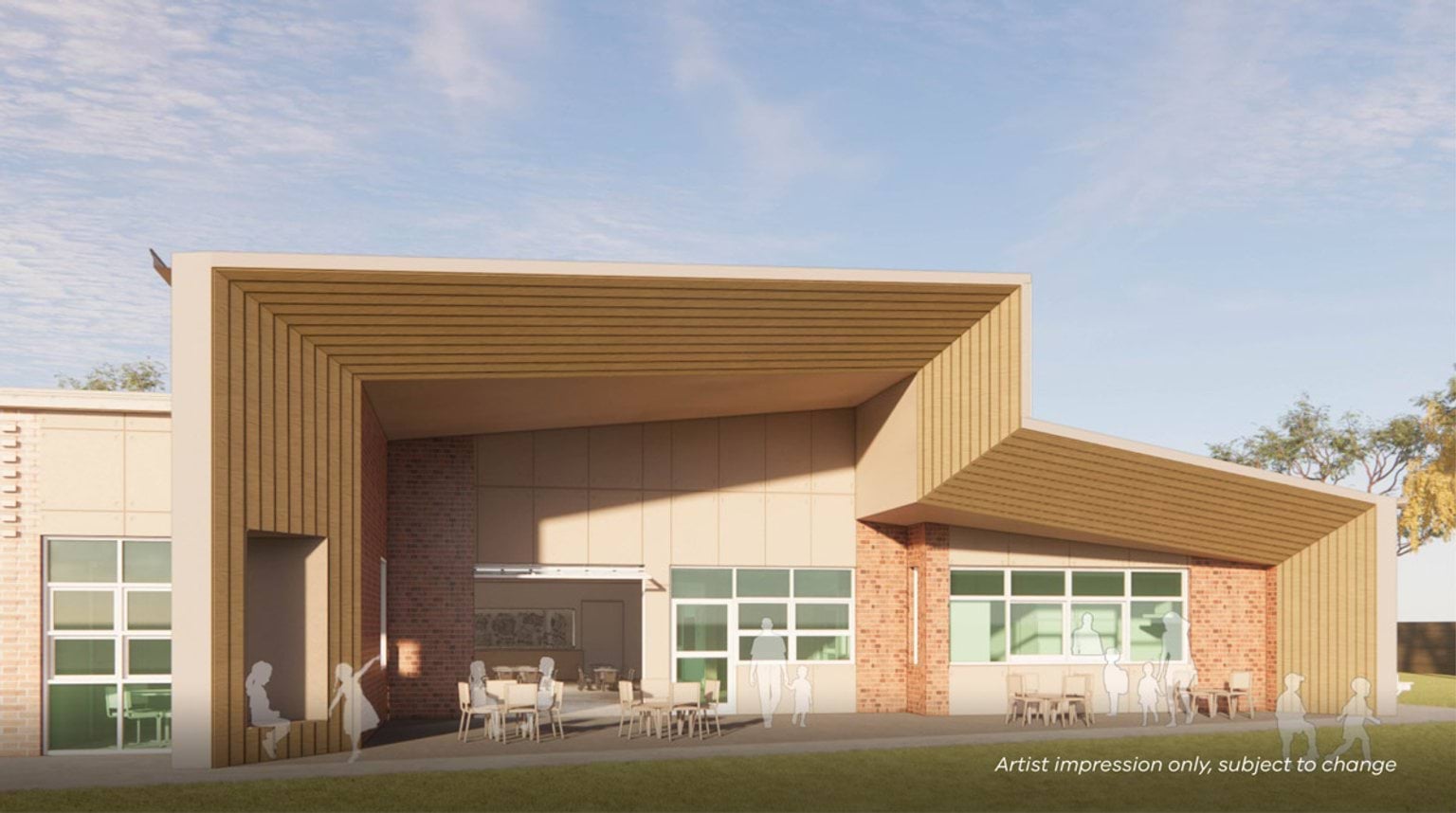 Artist impression of a school building with a large sheltered outdoor space featuring angled timber cladding, brick walls, wide openings, and seating and tables arranged beneath the canopy.