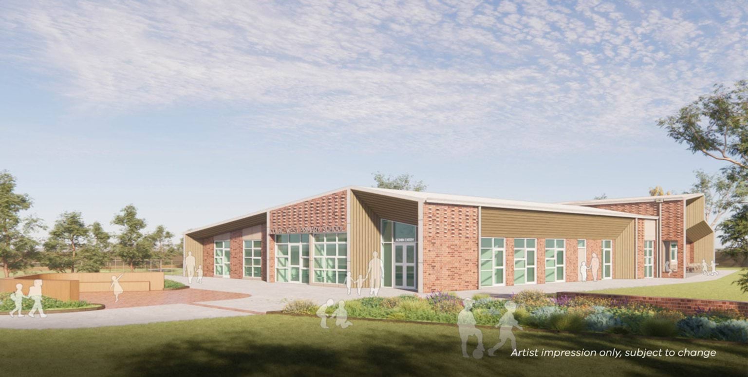 Artist impression of a single‑storey school building with brick and metal cladding, tall windows, and landscaped garden beds, set within a grassy outdoor area.