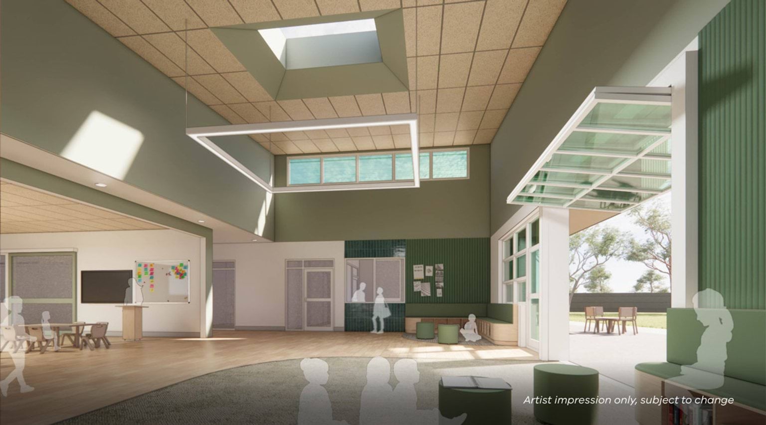 Artist impression of a bright interior learning space with high ceilings, skylight, timber flooring, green wall panels, movable furniture, and large doors opening to an outdoor area.