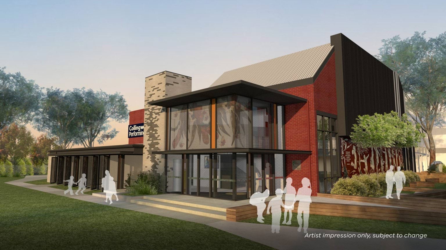 Artist impression of a performing arts building featuring red brick walls, large glass windows, a tall textured tower element, and landscaped seating terraces, with silhouetted figures around the entrance.