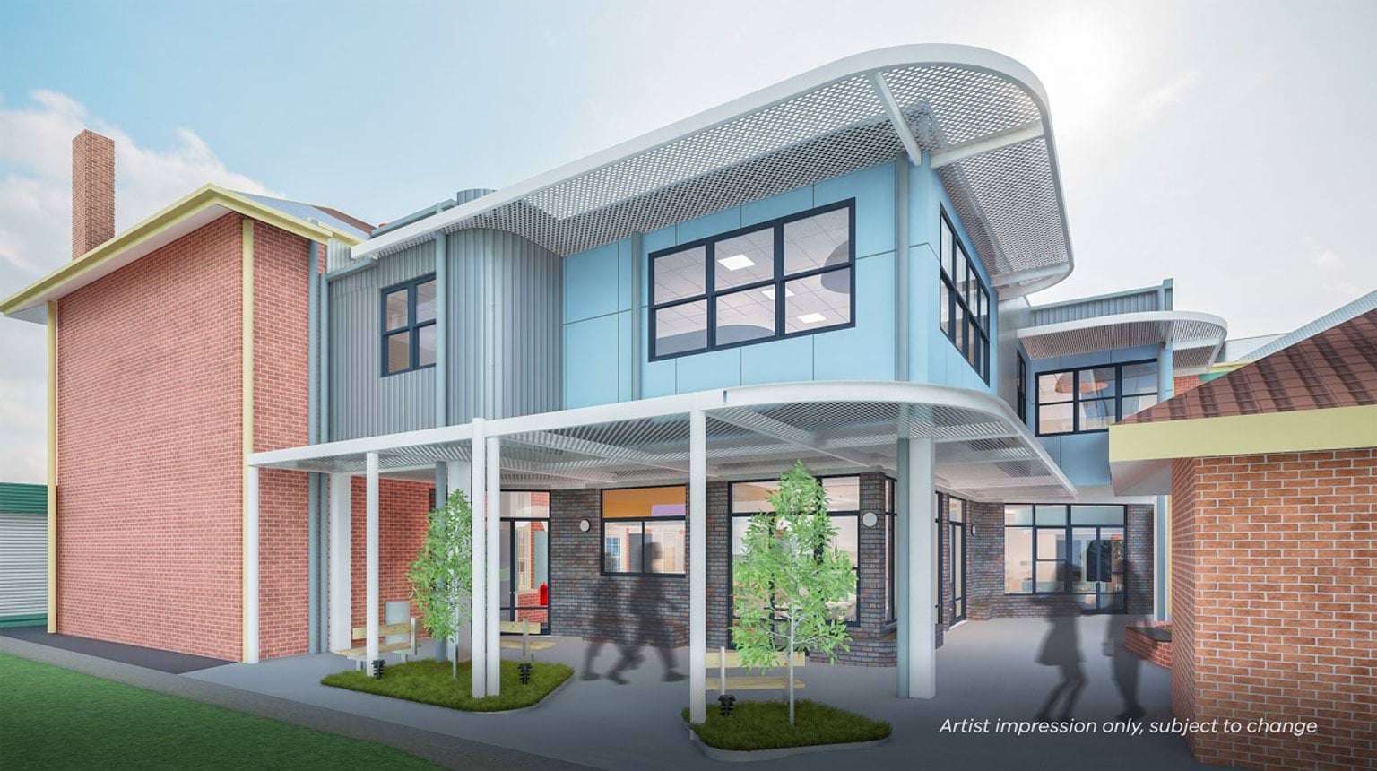 Artist impression of a two‑storey learning wing with light cladding, large windows, covered walkways, and landscaped garden beds next to the original brick building.