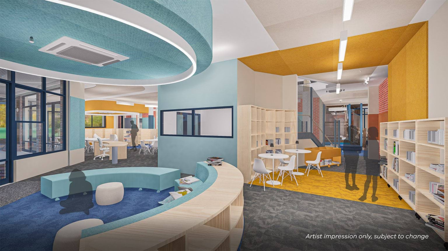 Artist impression of a colourful library and breakout area with curved seating, bookshelves, collaborative tables, feature ceilings, and large internal windows.