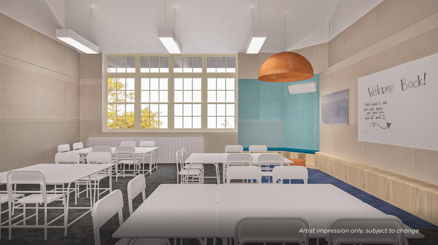 Artist impression of a classroom featuring tall windows, flexible furniture, acoustic panels, and timber storage along the teaching wall.