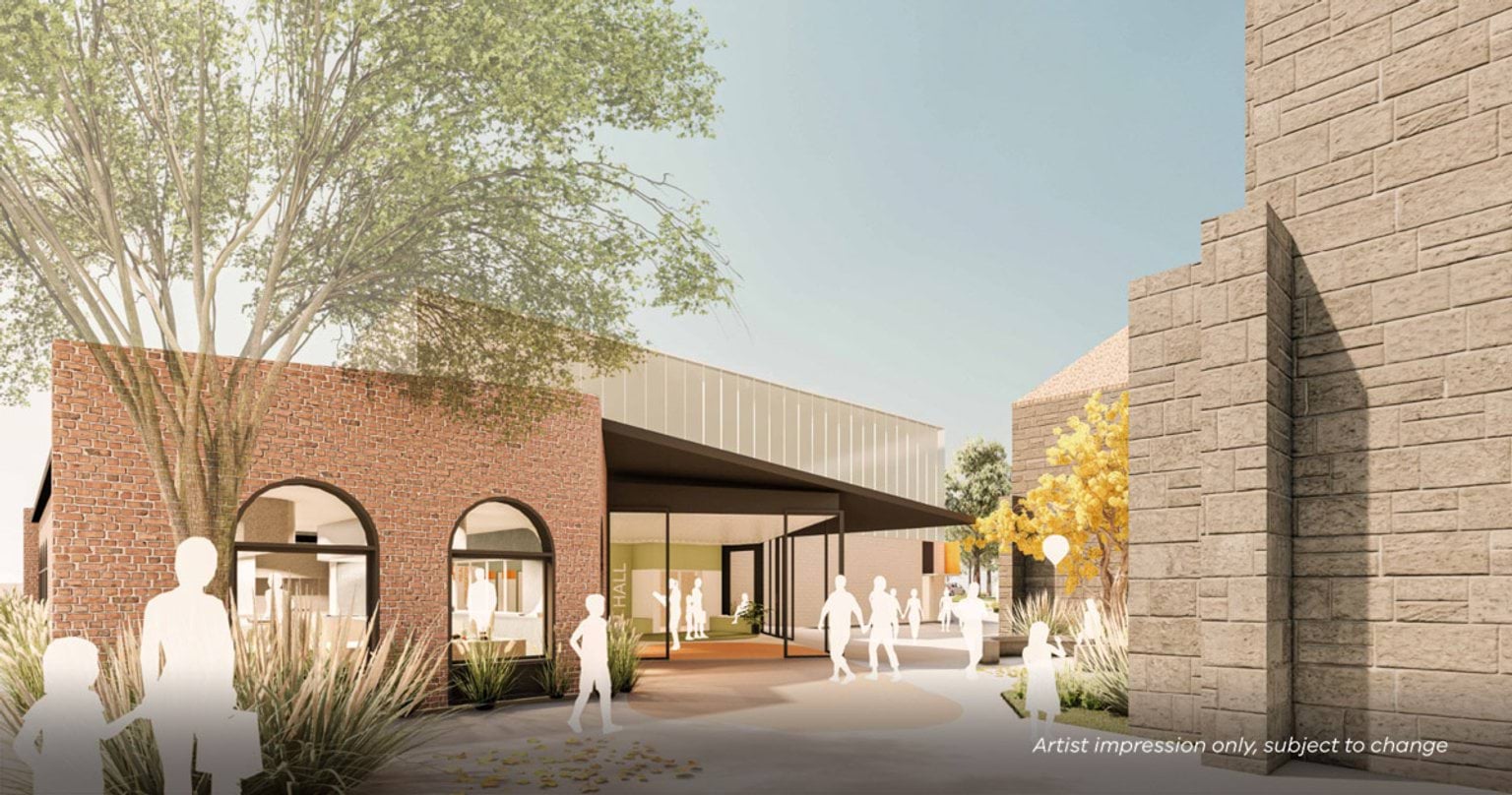 Artist impression of a school entrance area with a brick building featuring arched windows, landscaped planting, and a covered walkway linking to a modern hall structure.