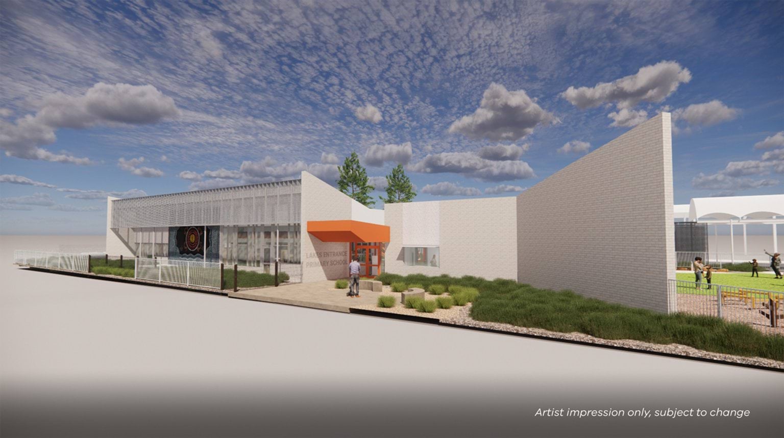 Artist impression of a modern school building with white brick walls, a bold orange entry canopy, textured screening, and landscaped planting along the frontage.