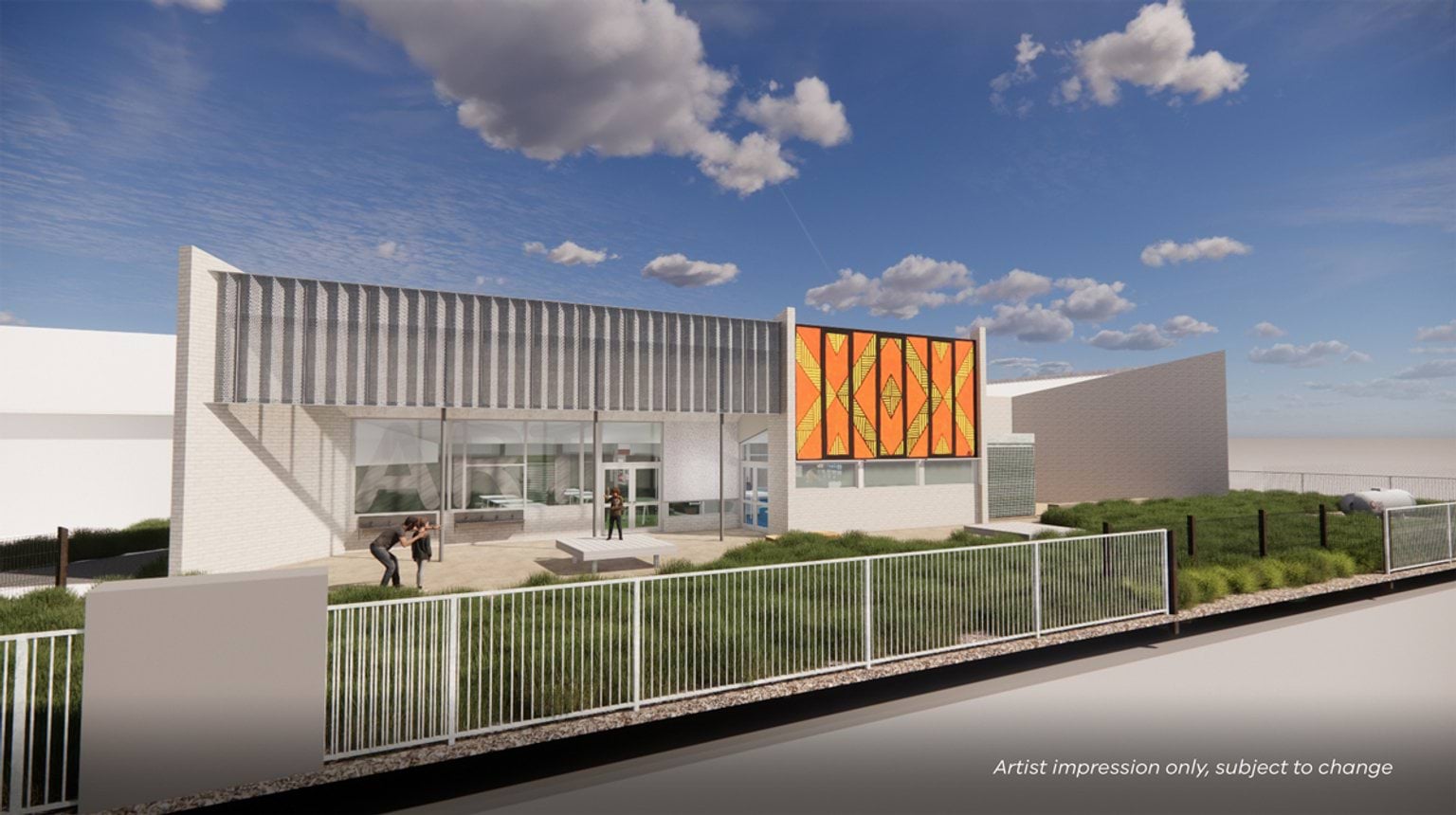 Artist impression of a school building with vertical metal screening, large front windows, landscaped garden beds, and a colourful feature mural mounted on the façade.