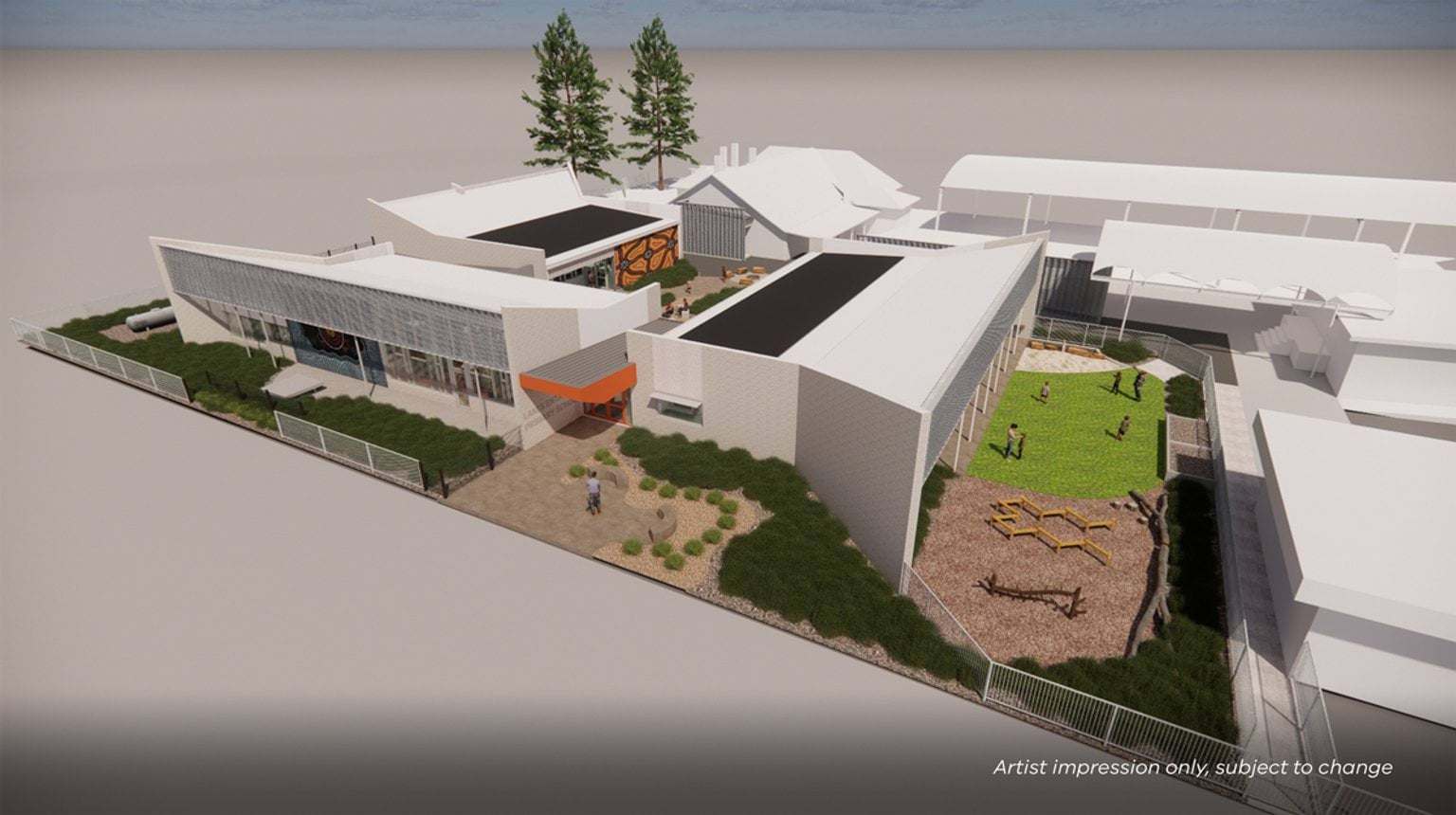Artist impression of the school site from above showing two connected buildings, the orange‑framed entrance, landscaped paths, and an outdoor play area with natural play elements.