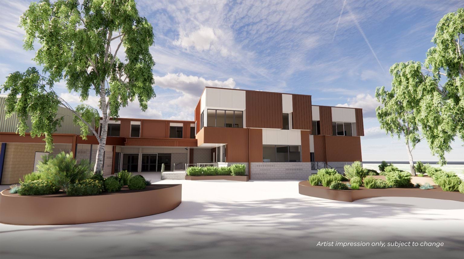Artist impression of a two‑storey school building with brown and light‑coloured cladding, large windows, landscaped planter beds, and mature trees framing a paved courtyard.