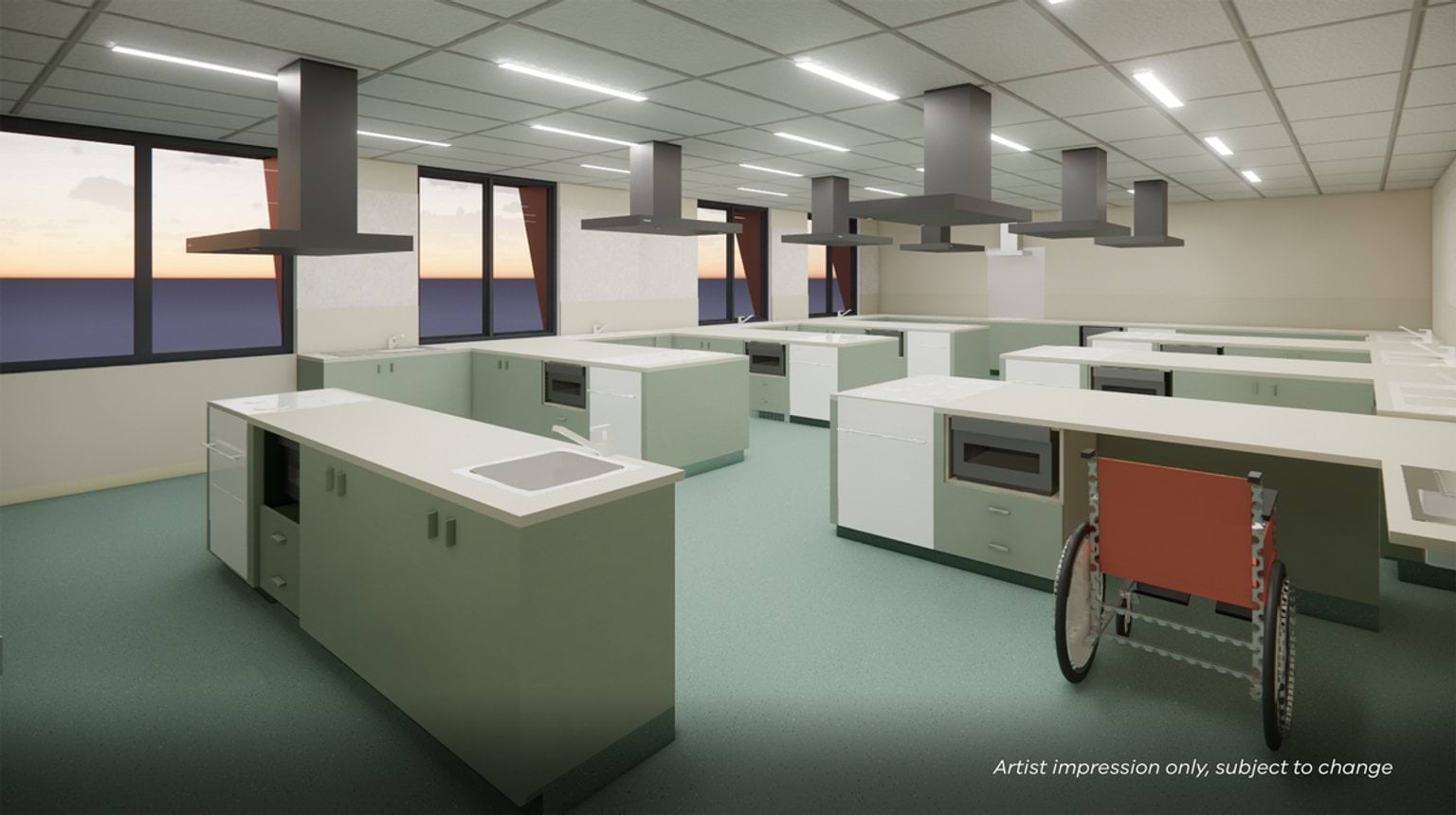 Artist impression of a specialist learning space with multiple workbenches, integrated sinks, overhead extraction hoods, wide windows, and accessible circulation between benches.