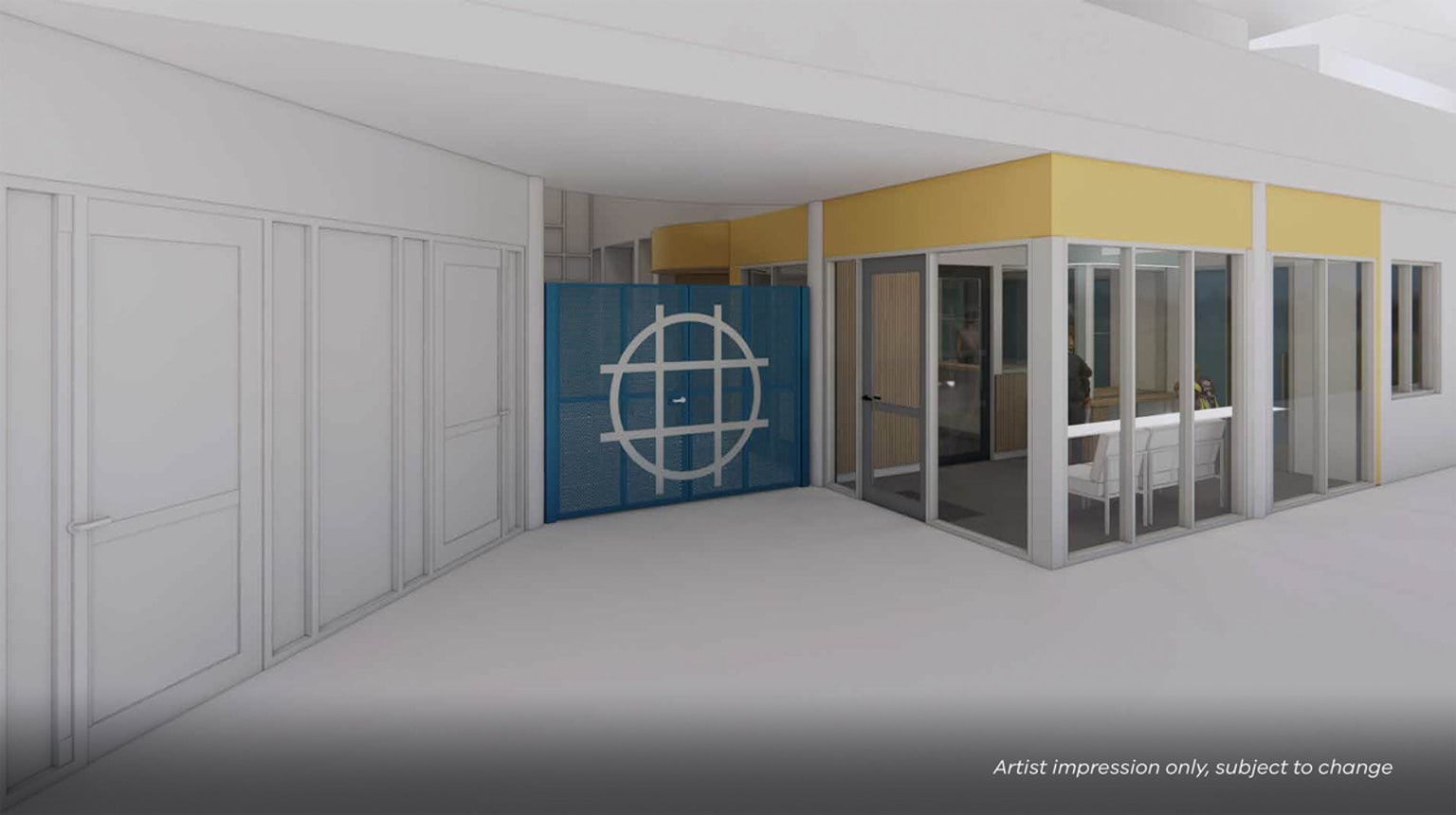 Digital render of an open school administration area with glass-walled offices, light finishes and a blue feature wall.