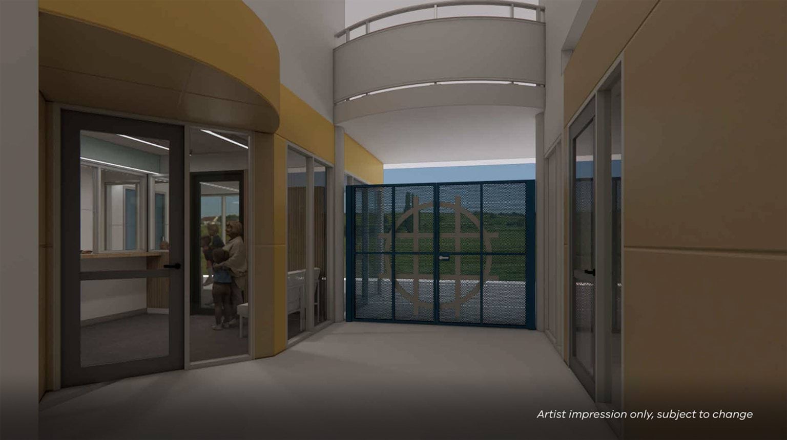 Digital render of a school entrance corridor featuring glass-fronted rooms, high ceilings and large windows.